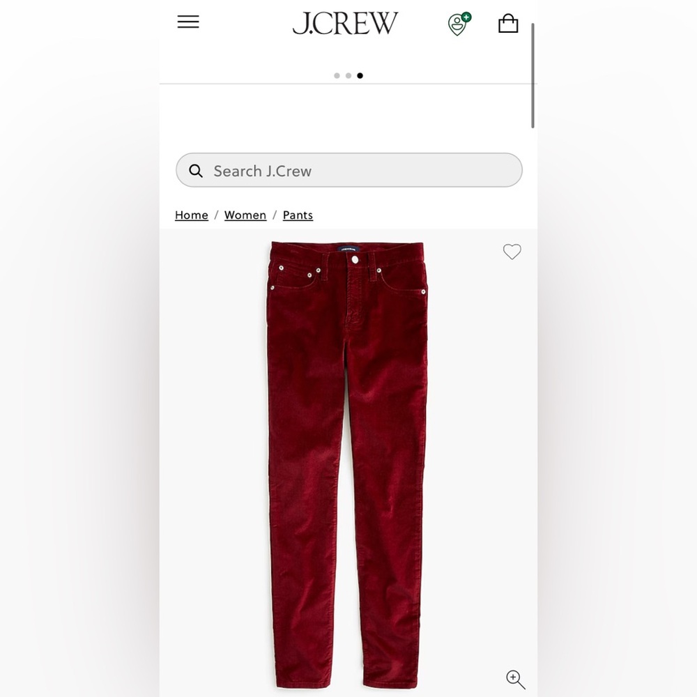 J. Crew Velvet 9" Rise Toothpick Skinny Jeans in Crimson Maple - Size 25 - Picture 7 of 10